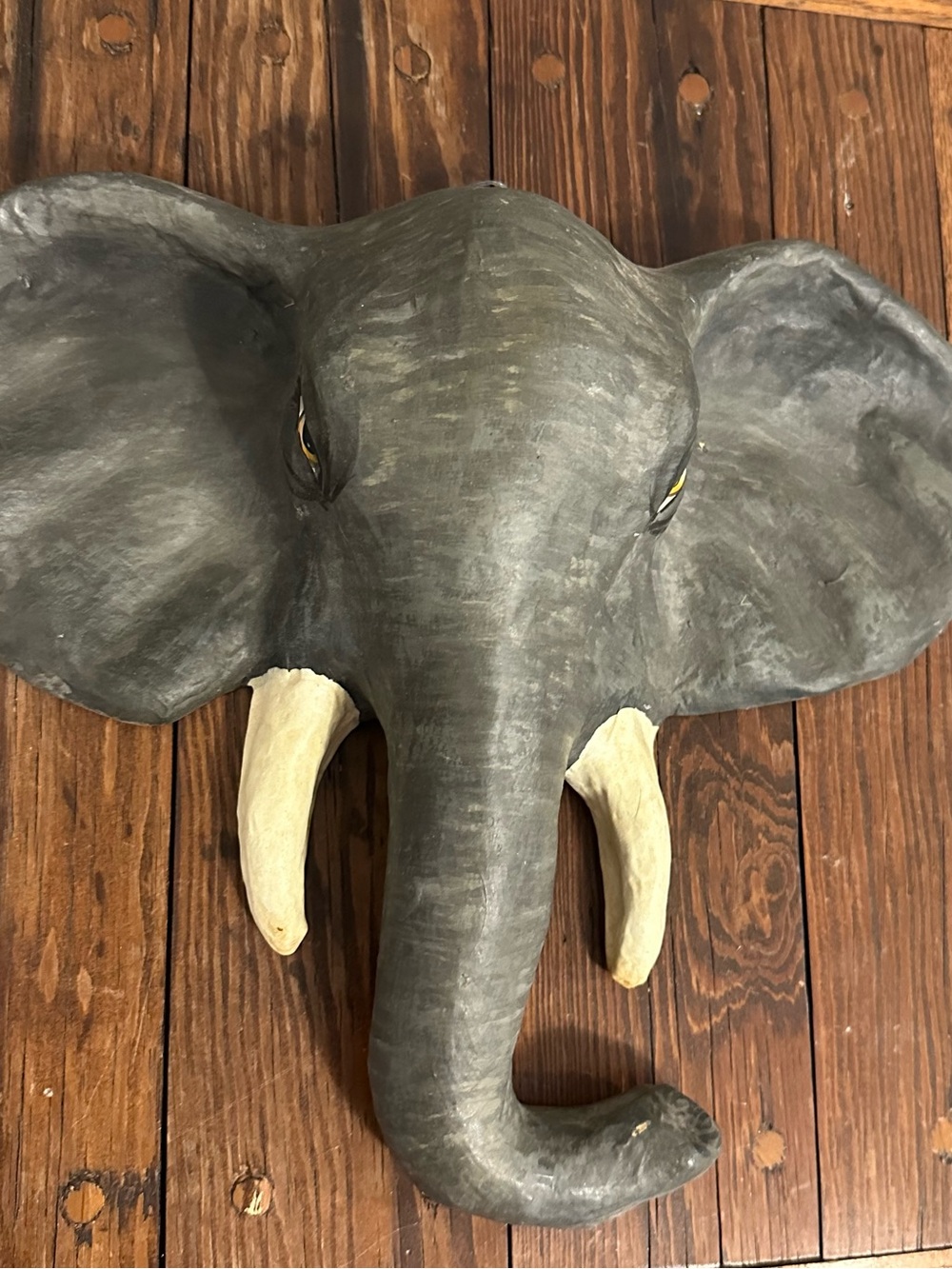 Handcrafted Gray Elephant Wall Sculpture with Ivory Tusks